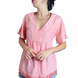 Y2K 100% Silk Babypink ShortSleeve Vneck Blouse Size S